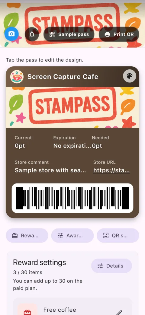 Card settings screen