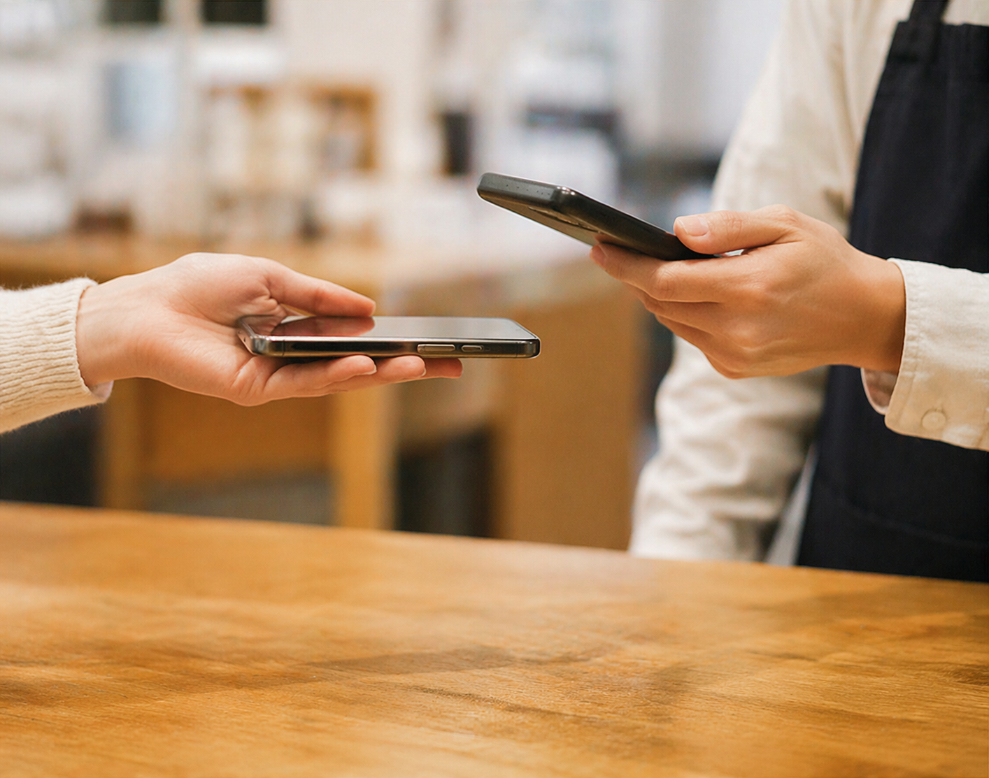 A customer presenting a smartphone while staff scans it at the counter